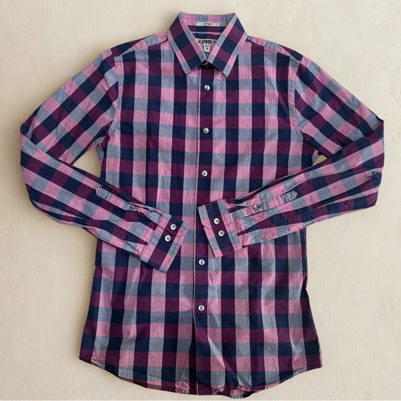 Express Other - Express Gingham Checkered Button Down Shirt - Fuschia and Navy